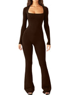 Women Long Sleeve Belly Waist Shaping And Hip Lift Square Collar Wide Leg High Elastic Jumpsuit - DanaFashionstore