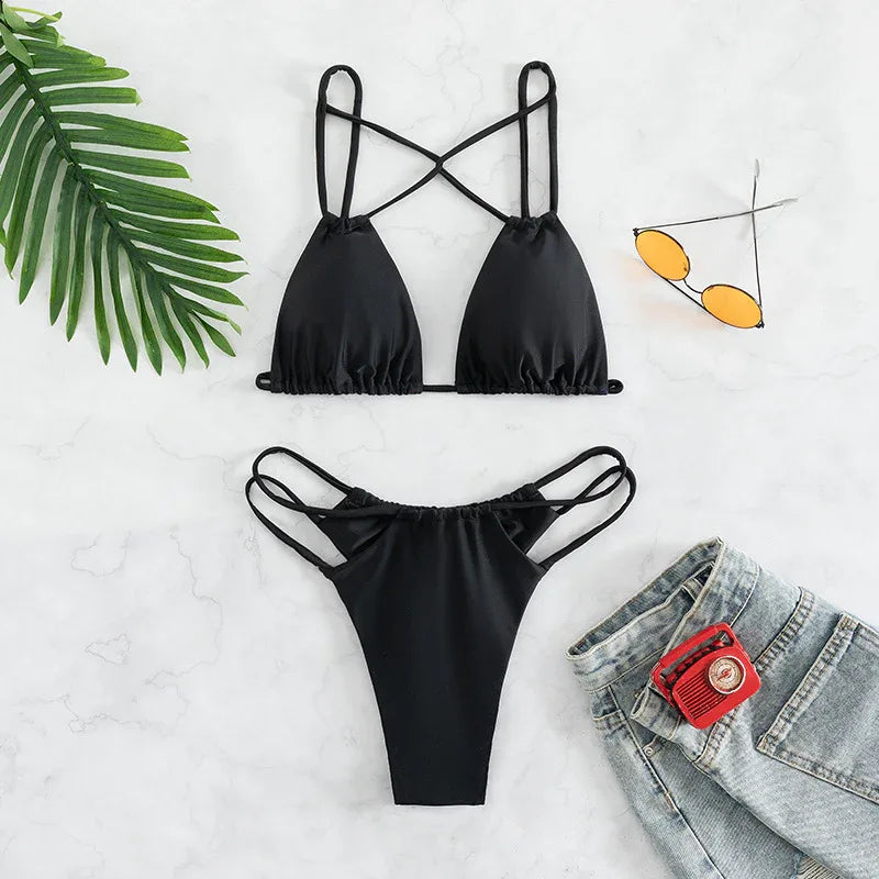 Women's Bikini Swimwear Solid Color Double Layer Fabric Split - DanaFashionstore