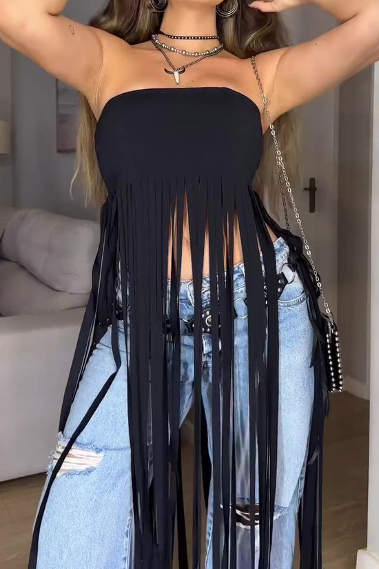 Black Bandeau Fringe Top