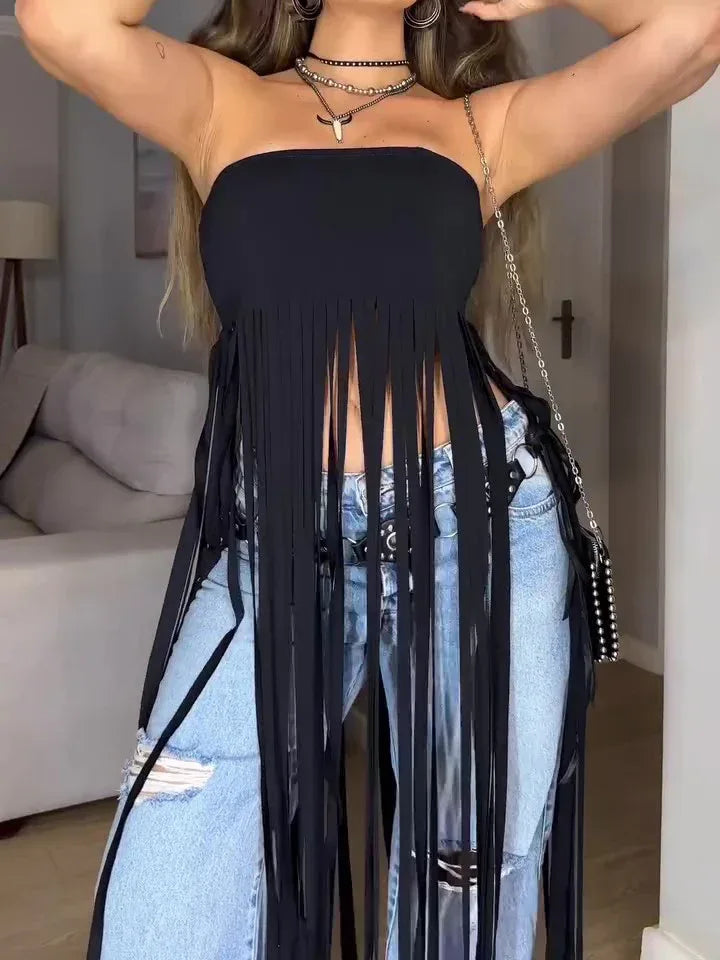Black Bandeau Fringe Top - DanaFashionstore