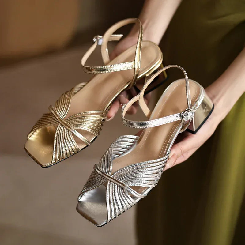 Thick Mid Heel Square Toe Open Toe Buckle Strap Peep Toe Sandals - DanaFashionstore