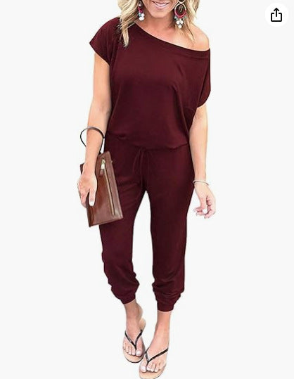 Fashion Slant Shoulder Short Sleeve Pocket Women's Jumpsuit
