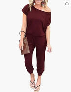 Fashion Slant Shoulder Jumpsuit 2026 - Short Sleeve Pocket Jumpsuit - DanaFashionstore