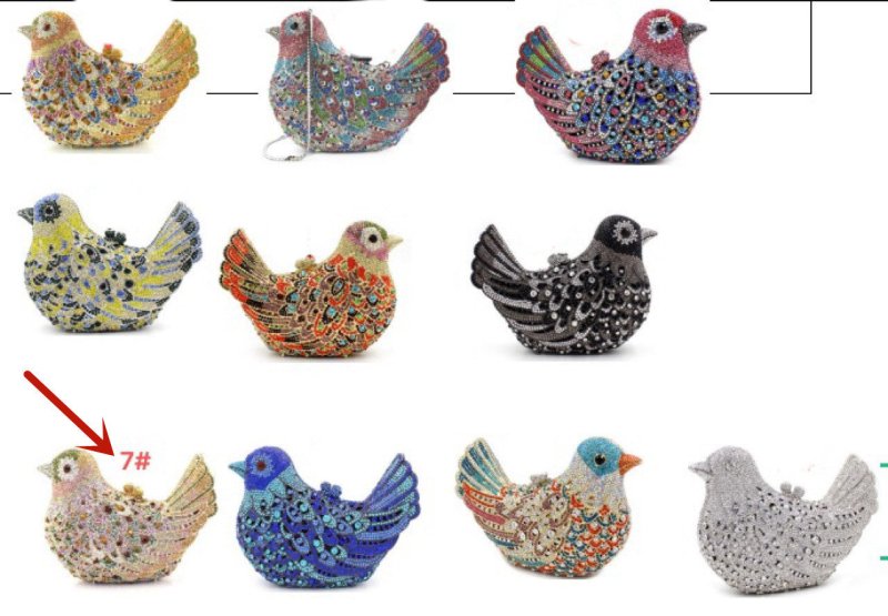 Bird And Peace Dove Animal Jewel Pack Rhinestone Dinner Bag $153.99 Dana Fashion Color: 7color Women's Bags Product information: Product Category: Dinner Bag Material: Alloy, Rhinestone Lining texture: synthetic leather Bag trend style: gem bag Opening me