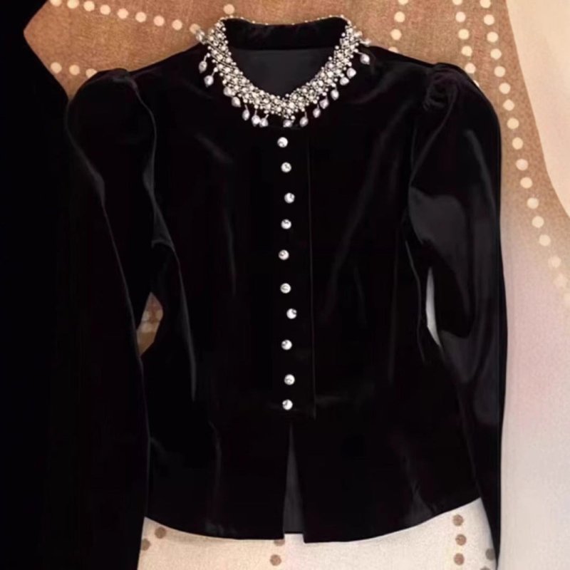 Black Beaded Velvet Puff Sleeve ShirtDana FashionDana FashionBlack Beaded Velvet Puff Sleeve Shirt
