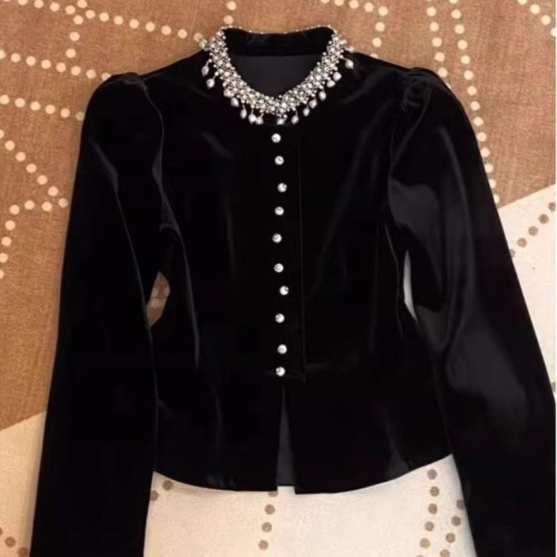 Black Beaded Velvet Puff Sleeve ShirtDana FashionDana FashionBlack Beaded Velvet Puff Sleeve Shirt