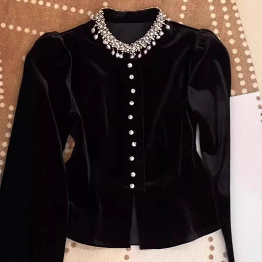 Black Beaded Velvet Puff Sleeve ShirtDana FashionDana FashionBlack Beaded Velvet Puff Sleeve Shirt