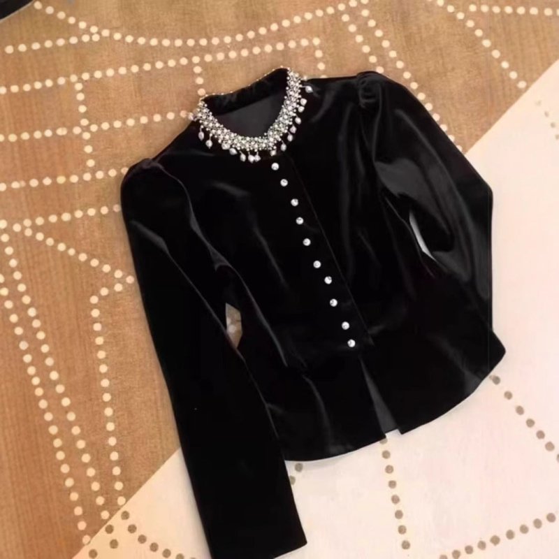 Black Beaded Velvet Puff Sleeve ShirtDana FashionDana FashionBlack Beaded Velvet Puff Sleeve Shirt