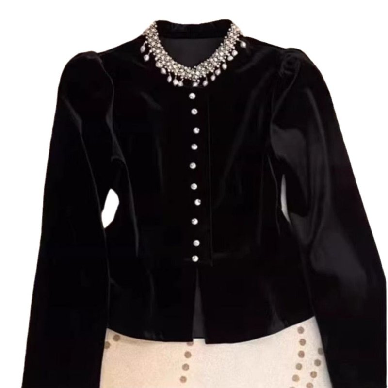 Black Beaded Velvet Puff Sleeve ShirtDana FashionDana FashionBlack Beaded Velvet Puff Sleeve Shirt