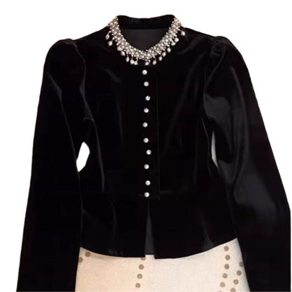 Black Beaded Velvet Puff Sleeve ShirtDana FashionDana FashionBlack Beaded Velvet Puff Sleeve Shirt