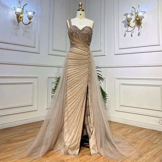 Blue Handmade Beaded Split Shoulder Fishtail Dress $699.00 Dana Fashion Color: Caramel Color Size: L Women's clothing Product information: Fabric name: Mesh Applicable scenarios: Performance, wedding Color: blue, light purple, caramel Sleeve type: sleevel