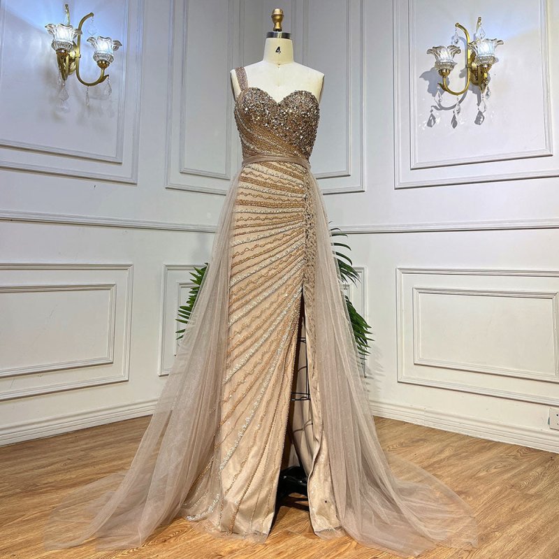 Blue Handmade Beaded Split Shoulder Fishtail Dress $699.00 Dana Fashion Color: Caramel Color Size: L Women's clothing Product information: Fabric name: Mesh Applicable scenarios: Performance, wedding Color: blue, light purple, caramel Sleeve type: sleevel