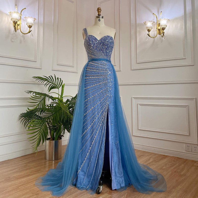 Blue Handmade Beaded Split Shoulder Fishtail Dress $699.00 Dana Fashion Color: Blue Size: L Women's clothing Product information: Fabric name: Mesh Applicable scenarios: Performance, wedding Color: blue, light purple, caramel Sleeve type: sleeveless Main