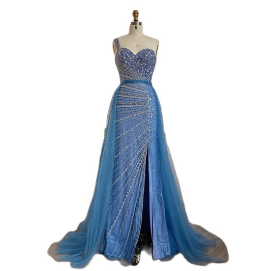 Blue Handmade Beaded Split Shoulder Fishtail Dress $699.00 Dana Fashion Color: Blue Size: L Women's clothing Product information: Fabric name: Mesh Applicable scenarios: Performance, wedding Color: blue, light purple, caramel Sleeve type: sleeveless Main