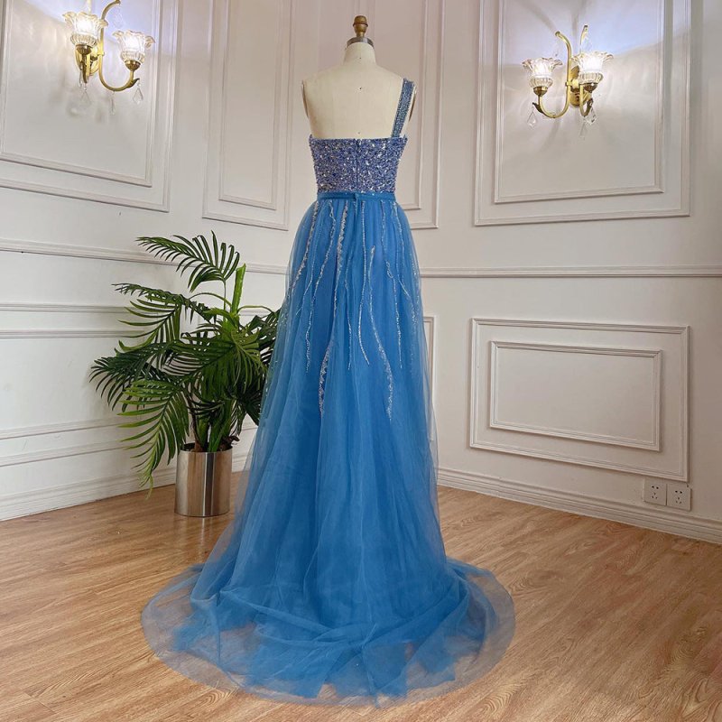 Blue Handmade Beaded Split Shoulder Fishtail Dress $699.00 Dana Fashion Color: Blue Size: L Women's clothing Product information: Fabric name: Mesh Applicable scenarios: Performance, wedding Color: blue, light purple, caramel Sleeve type: sleeveless Main