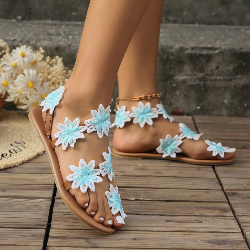 Bohemian Flower Roman Sandals Fashion $27.99 Dana Fashion Color: Blue Size: 35 Women's shoes Product information: Pattern: ethnic Upper height: low top Processing method:/ Size: 35,36,37,38,39,42,43,40,41 Sole craft: viscose shoes Sole material: rubber Po