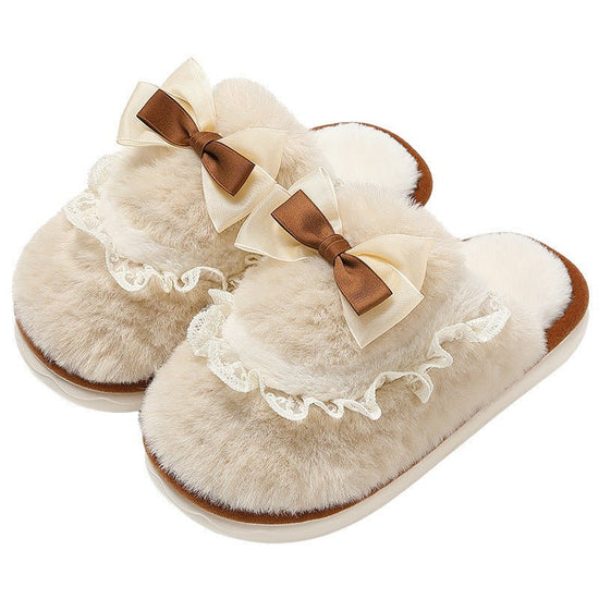Bow Cotton Slippers Interior Home Warm $54.53 Dana Fashion Color: Beige Size: Female 36 To 37 Women's shoes Product information: Pattern: Bow Lining material: artificial velboa Color: green, pink, beige, gray, dark coffee Heel height: flat Heel shape: rou