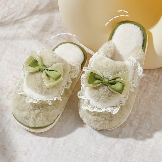 Bow Cotton Slippers Interior Home Warm $54.53 Dana Fashion Color: Beige Size: Female 36 To 37 Women's shoes Product information: Pattern: Bow Lining material: artificial velboa Color: green, pink, beige, gray, dark coffee Heel height: flat Heel shape: rou