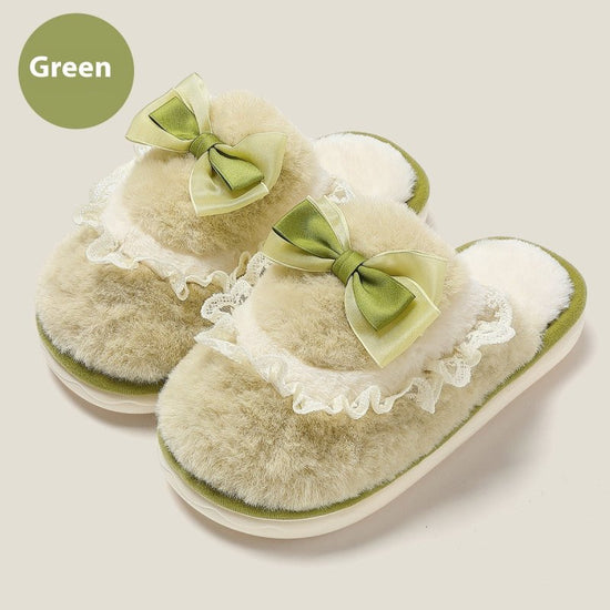 Bow Cotton Slippers Interior Home Warm $54.53 Dana Fashion Color: Green Size: Female 36 To 37 Women's shoes Product information: Pattern: Bow Lining material: artificial velboa Color: green, pink, beige, gray, dark coffee Heel height: flat Heel shape: rou