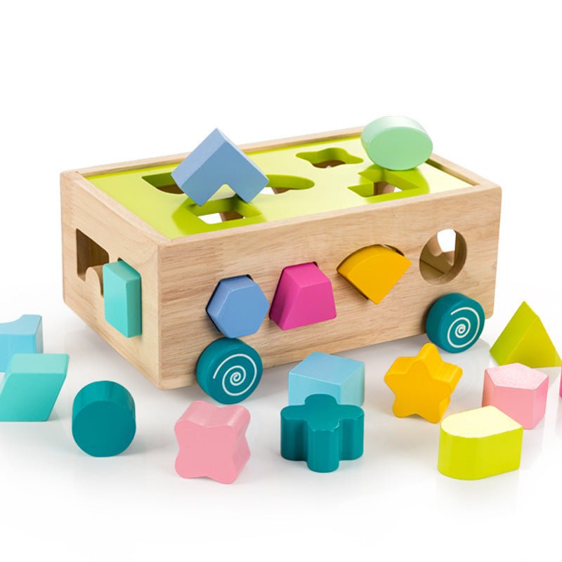 Building block toys for young children $65.14 Dana Fashion Color: Intellectual car Toys & Hobbies Geometric Shape Sorter On Wheels ●Wooden shape sorter on wheels ●Geometric cubes, shape sorter that is for fun play. ●Montessori style learning shapes and co