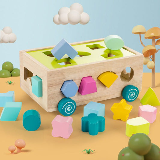 Building block toys for young children $65.14 Dana Fashion Color: Intellectual car Toys & Hobbies Geometric Shape Sorter On Wheels ●Wooden shape sorter on wheels ●Geometric cubes, shape sorter that is for fun play. ●Montessori style learning shapes and co