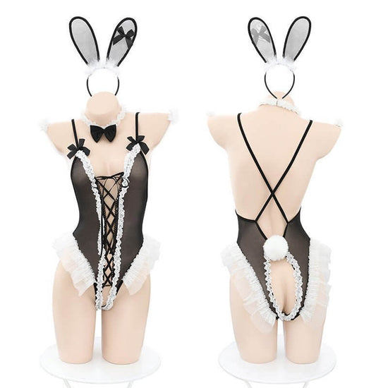 Bunny Lace Up Jumpsuit Set Underwear Uniform Temptation Underwear $55.36 Dana Fashion Color: Black Size: One size Women's clothing Product information: Style: Make clothes Name of fabric: Lace Main fabric composition: polyester fiber (polyester) Packing f