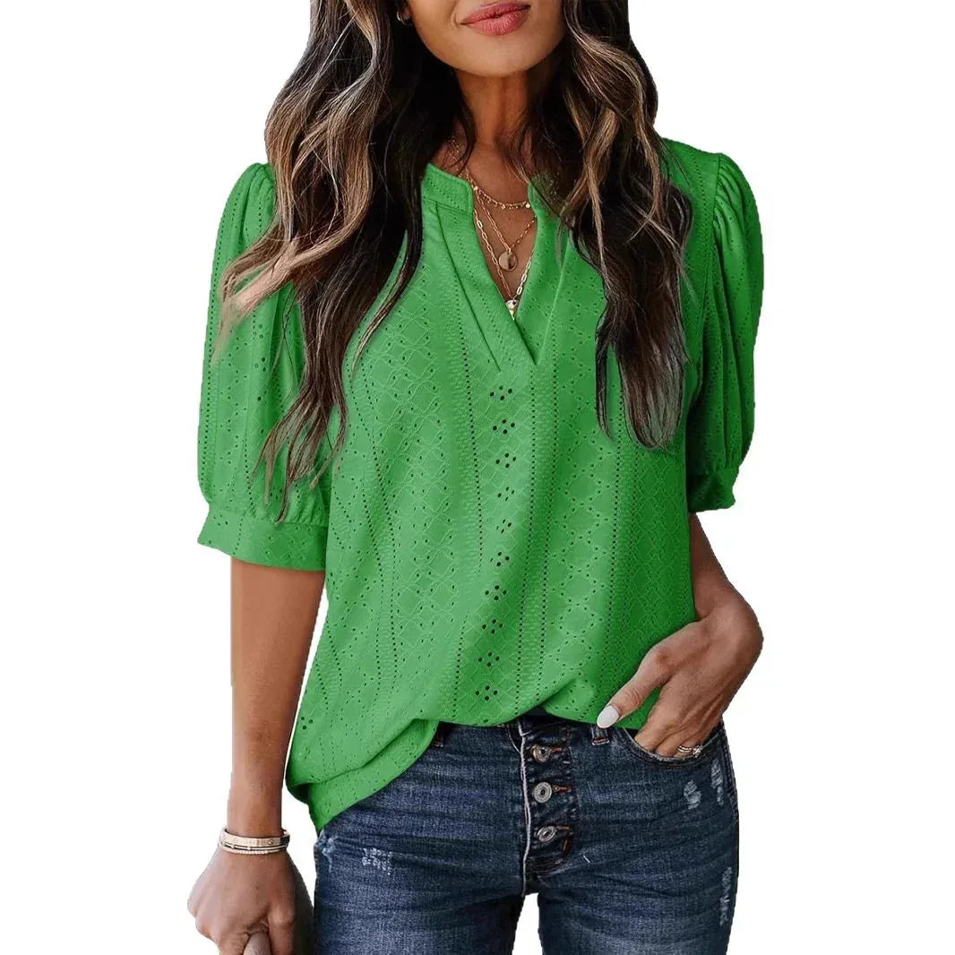 Women's Summer Business Casual Blouse V-neck Short Sleeve Shirt - DanaFashionstore