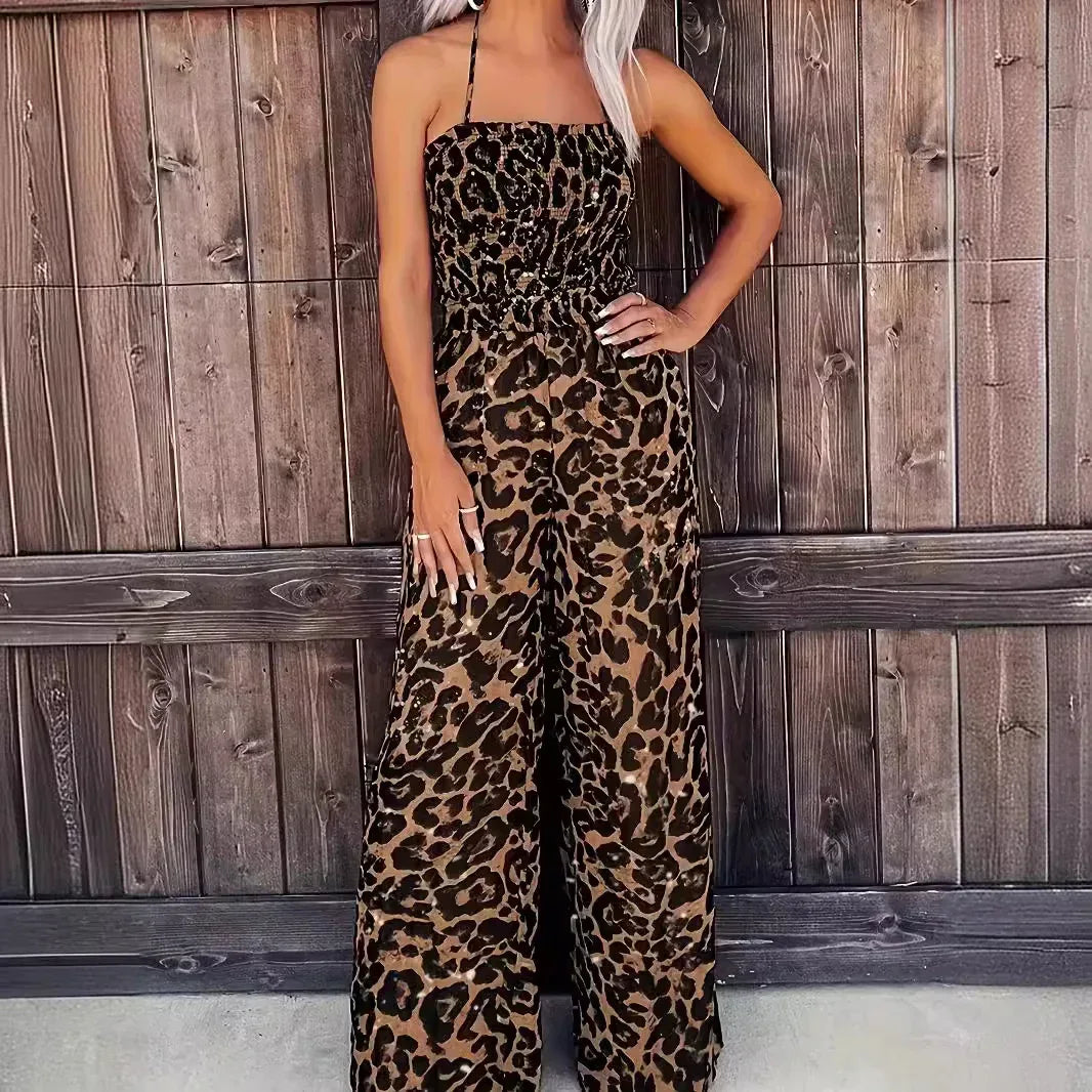 Women's Leopard Print Halter Backless Jumpsuit - DanaFashionstore