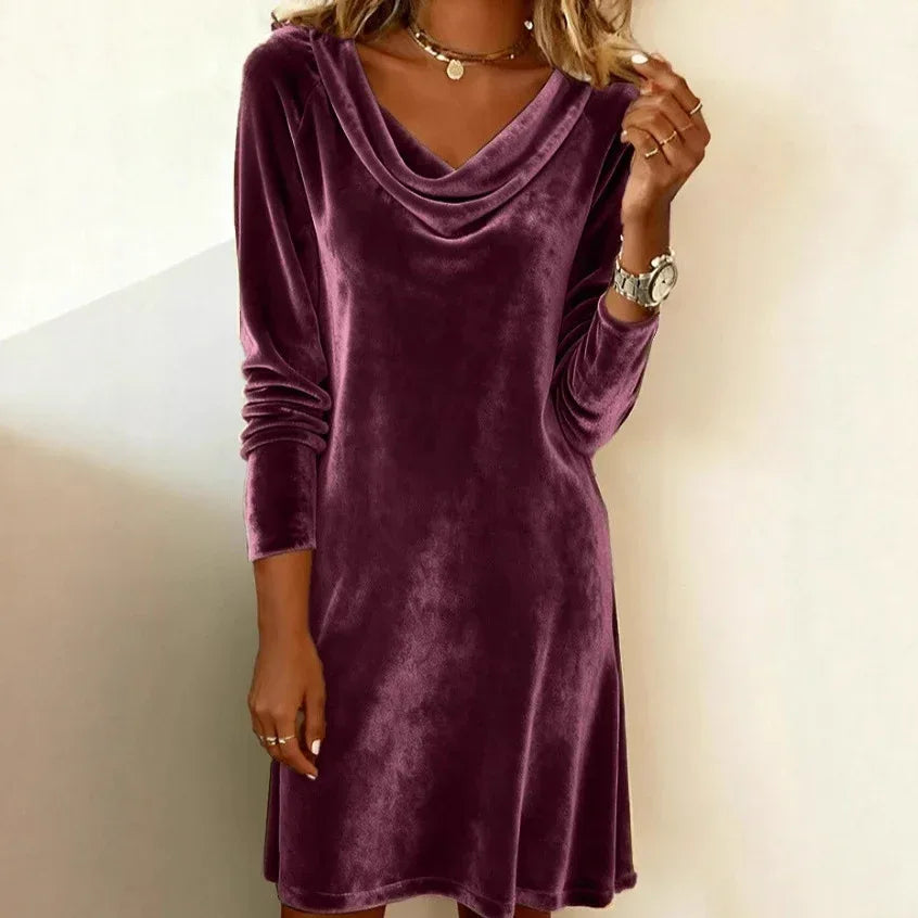 Elegant Solid Color Swing Collar Long Sleeved Velvet Dress Temperament Gentle Skirts For Women Cocktail Party Formal Dresses - DanaFashionstore