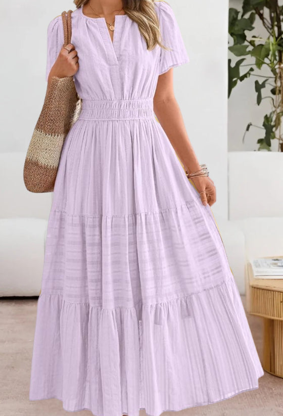 Fashion V-neck Pleated Puff Sleeve Layered Large Swing Dress