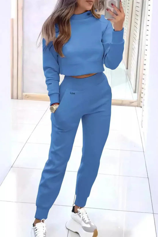Stand Collar Sports Suit Fashion Pullover Long-sleeves Short Top And Slim Trousers With Pockets Solid Outfits Women's Clothing - DanaFashionstore
