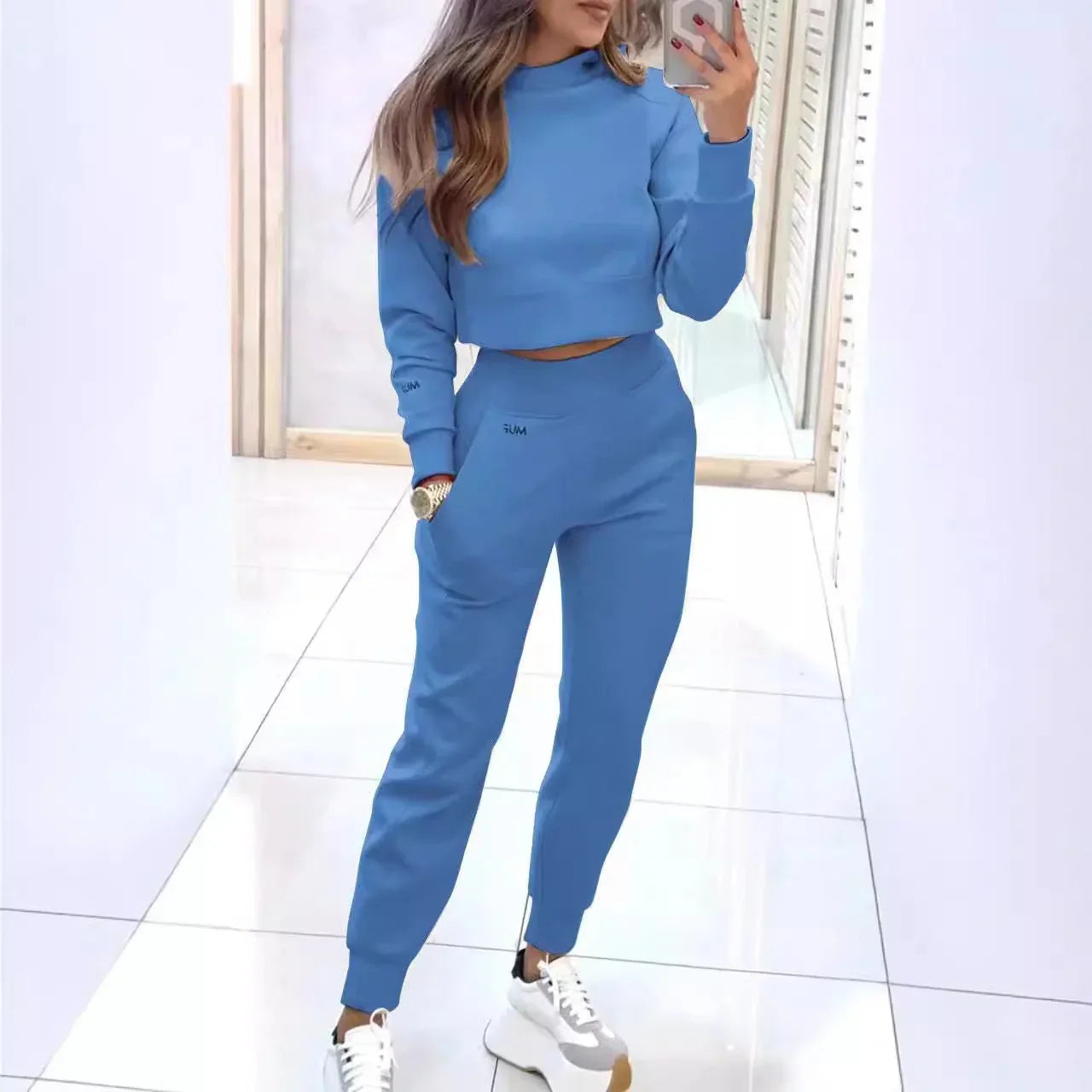 Stand Collar Sports Suit Fashion Pullover Long-sleeves Short Top And Slim Trousers With Pockets Solid Outfits Women's Clothing - DanaFashionstore