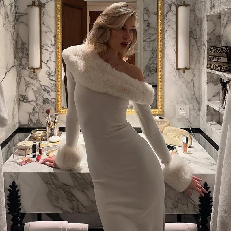 Solid Color Long Sleeve Oblique Collar Slim Christmas Dress - DanaFashionstore