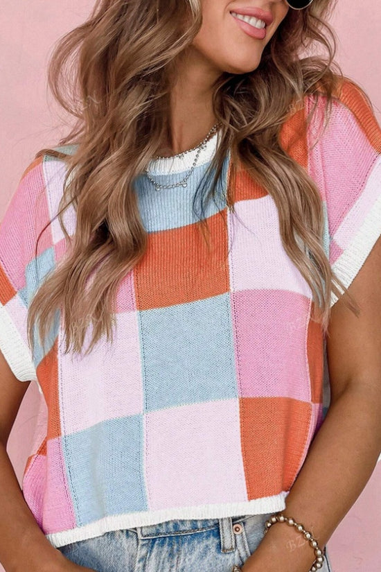 Women's Colorful Plaid Crop Tops Crew Neck Short Sleeved