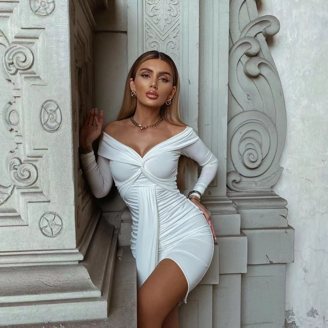 Womens Sexy V-Neck Off-Shoulder Long-Sleeve Pleated Ruffle Dress