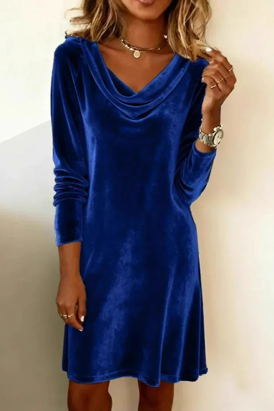 Elegant Solid Color Swing Collar Long Sleeved Velvet Dress Temperament Gentle Skirts For Women Cocktail Party Formal Dresses - DanaFashionstore