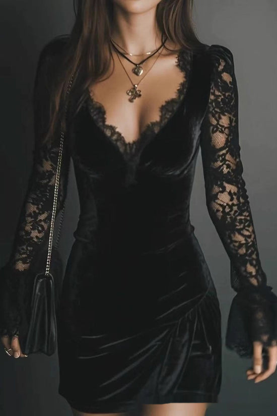 Solid-color Textured Long-sleeve Elegant French-style Dress