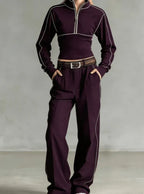 Stand-up Collar Short Zip-up Top Wide-leg Pants Casual Sportswear Set - DanaFashionstore