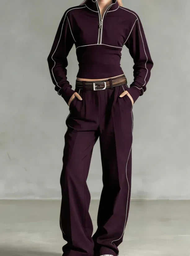 Stand-up Collar Short Zip-up Top Wide-leg Pants Casual Sportswear Set - DanaFashionstore