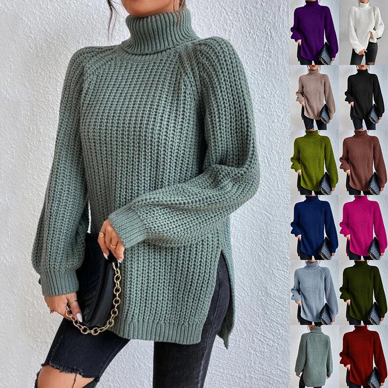 Turtleneck Pullover Sweater With Split Design Fashion Simple Solid Color Long Sleeve Tops Women's Clothing - DanaFashionstore