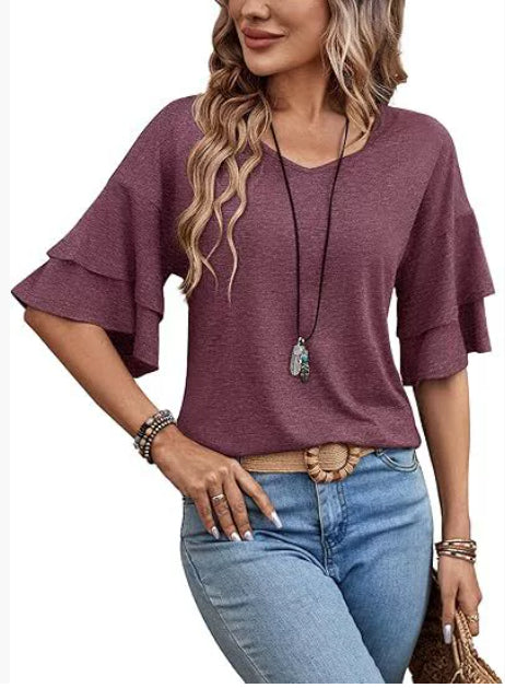 Loose V-neck Ruffle Sleeve T-shirt Fashion Solid Mid-sleeve Tops Women's Clothing