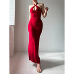 Pure Color Halter Lace-up Sexy Slit Dress