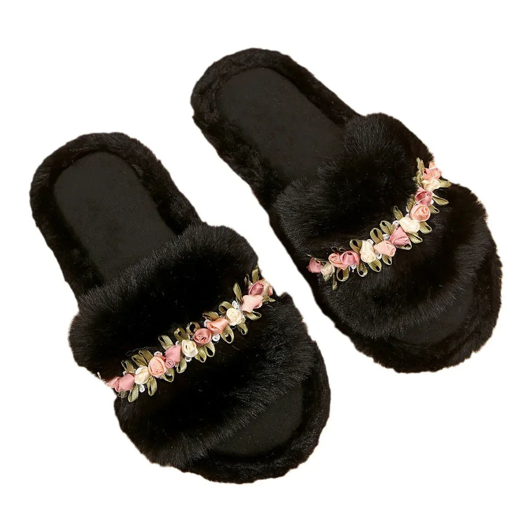 Flower Fluffy Slippers Female Soft Bottom Home Word Cotton Slippers - DanaFashionstore