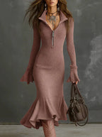 Pleated-collar Flared-sleeve Knitted Mermaid Skirt - DanaFashionstore