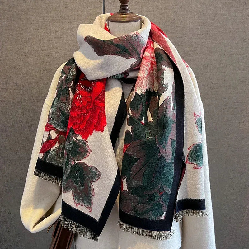 Retro Floral Artificial Cashmere Scarf Women's Thick Warm Scarf - DanaFashionstore
