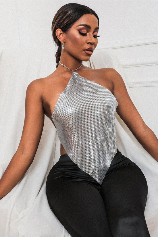New Solid Color Metal Sexy Hot Girl Halter Sequin Sling Top For Women