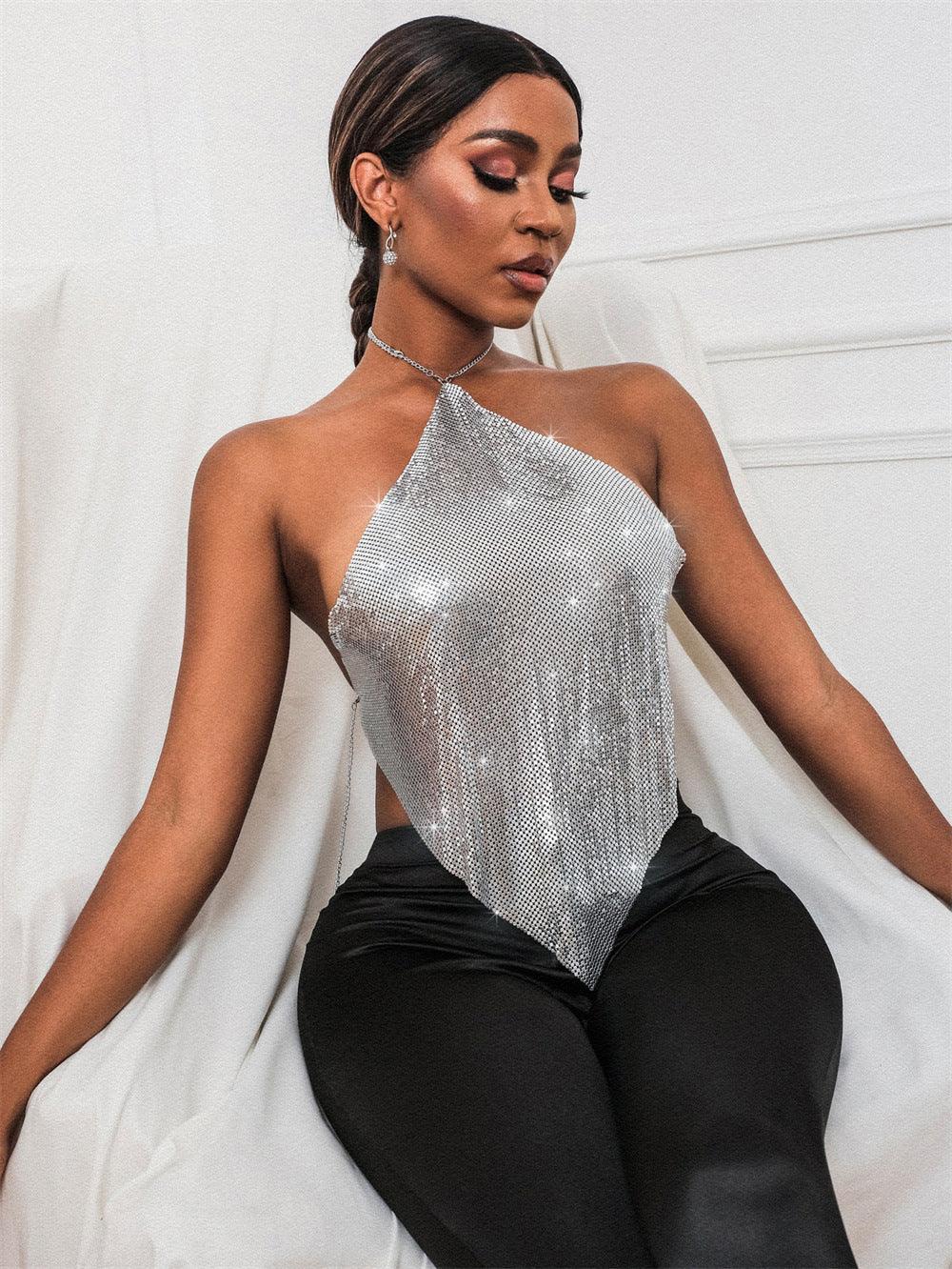 New Solid Color Metal Sexy Hot Girl Halter Sequin Sling Top For Women - DanaFashionstore