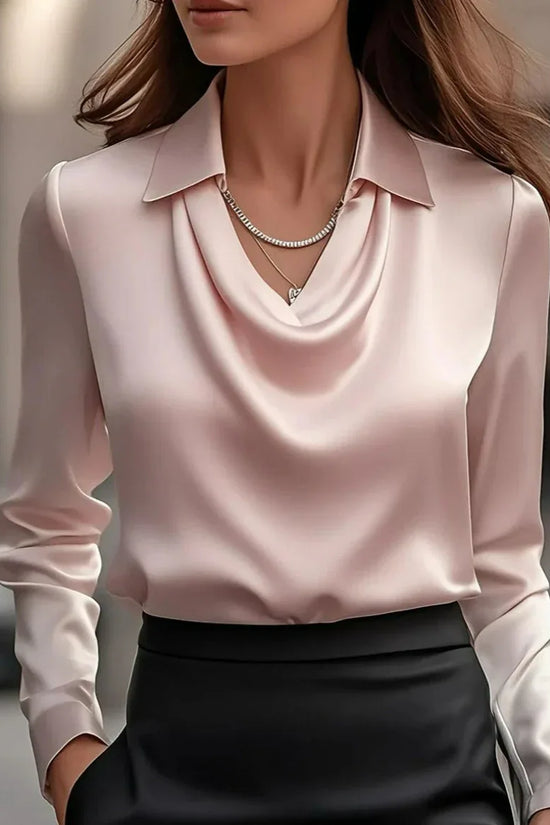 Women's Swing Collar Draped Shirts & Blouses Elegant Solid Satin Office Ladies Top Pullover Spring Long Sleeve Casual Tops - DanaFashionstore