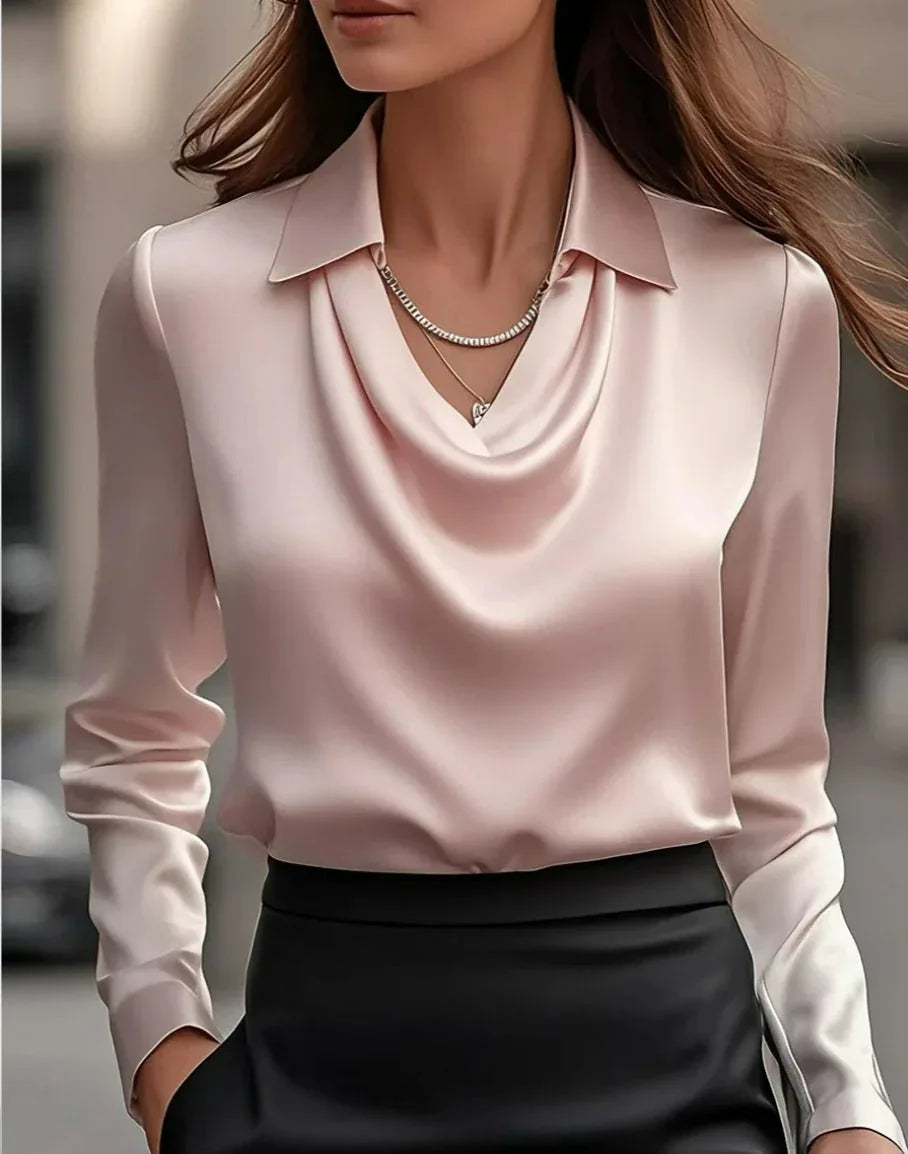 Women's Swing Collar Draped Shirts & Blouses Elegant Solid Satin Office Ladies Top Pullover Spring Long Sleeve Casual Tops - DanaFashionstore