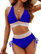 High Waisted Bikini Set With Color Blocking Drawstring Swimsuit - DanaFashionstore